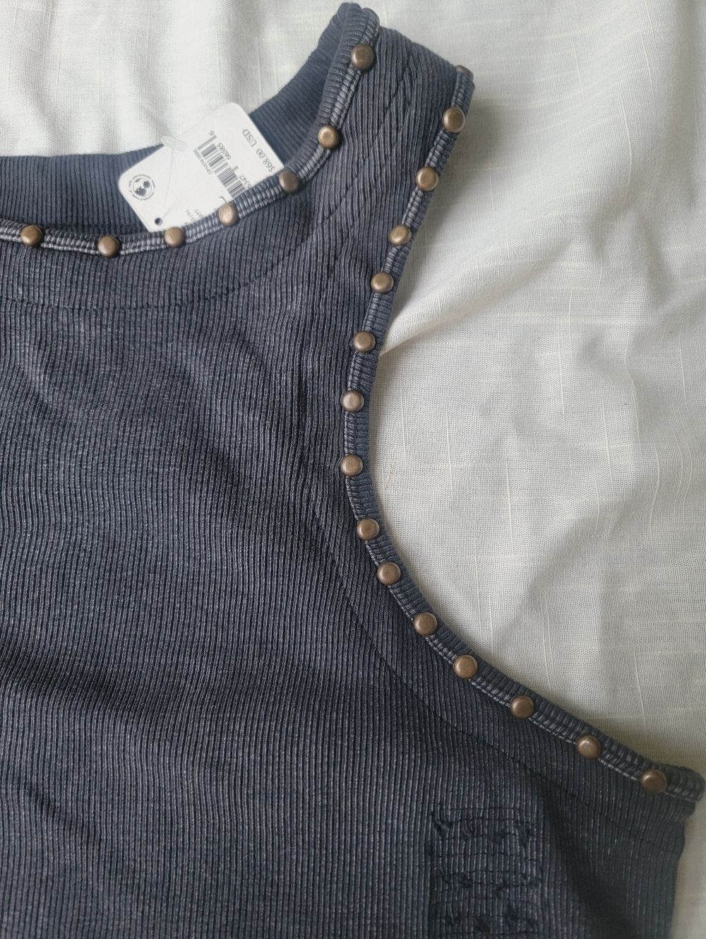 We The Free People Look Back At It Distressed Black Raw-Hem Studded Cropped Tank - Picture 11 of 16